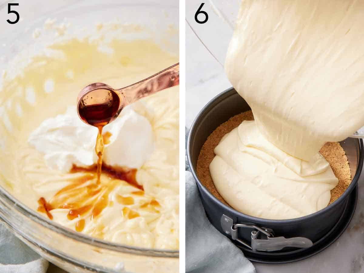 Set of two photos showing vanilla extract added to the batter and then poured over the crust.