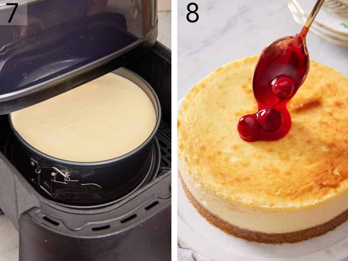 Set of two photos showing the cheesecake added to an air fryer basket and cherry sauce spooned on top.