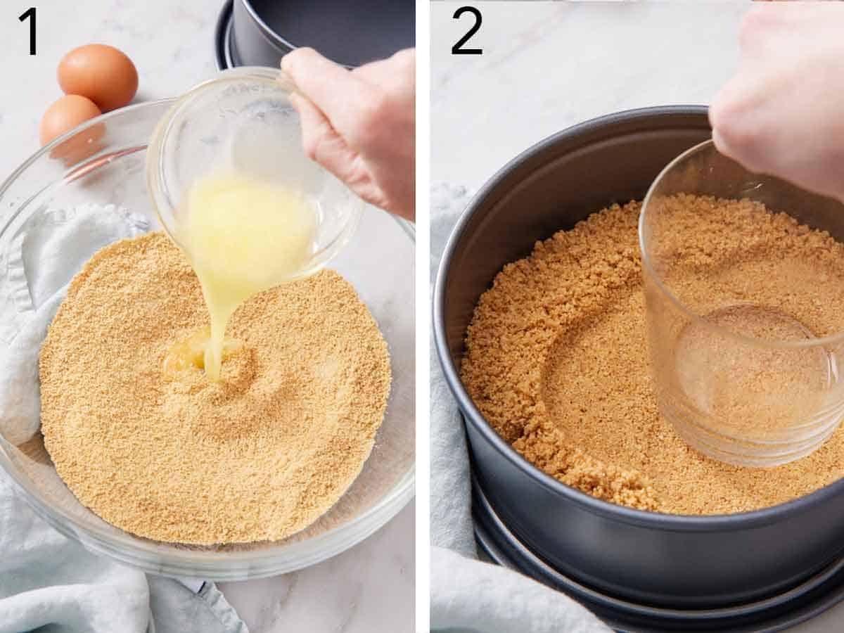 Set of two photos showing melted butter added to cracker crumbs and pressed into a baking pan.