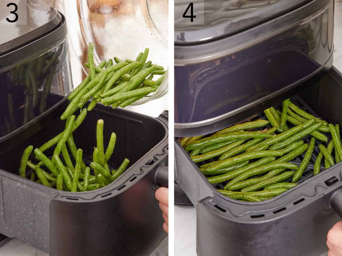 Set of two photos showing the beans added to an air fryer basket then air fried.