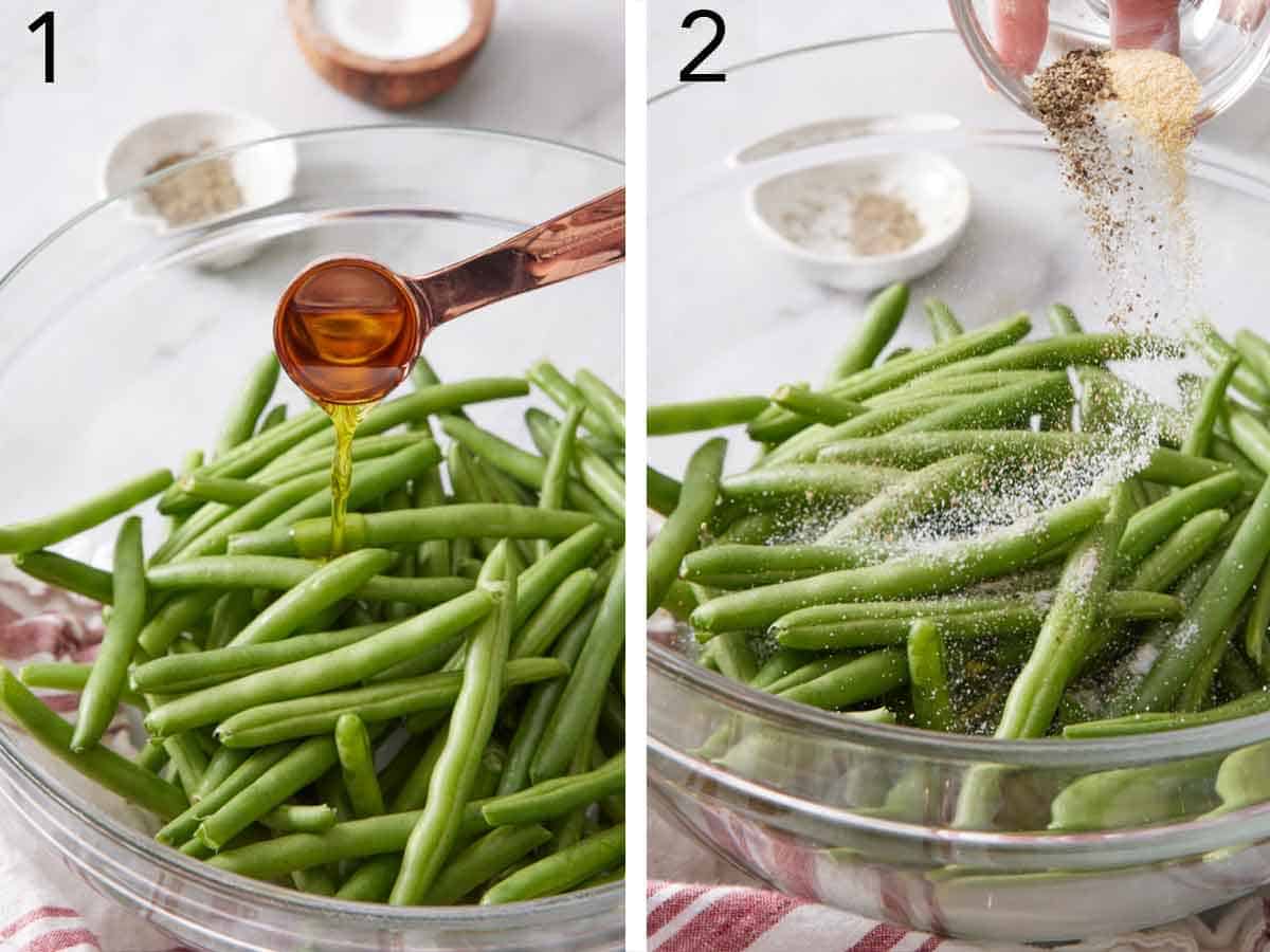 Set of two photos showing oil added to a bowl of green beans and seasoning added.