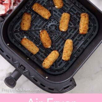 Pinterest graphic of an overhead view of air fryer mozzarella sticks in an air fryer basket.