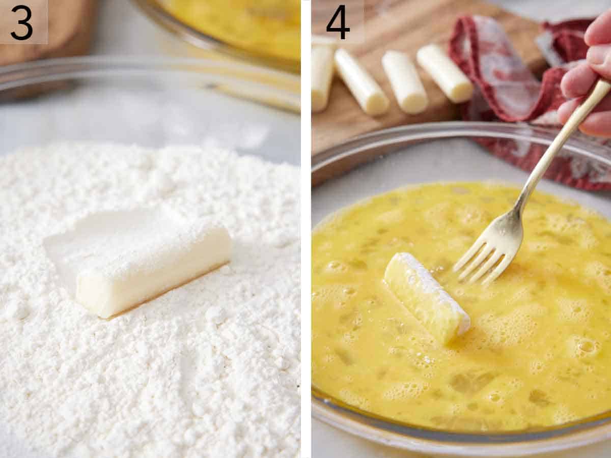 Set of two photos showing cheese tossed in flour then egg wash.