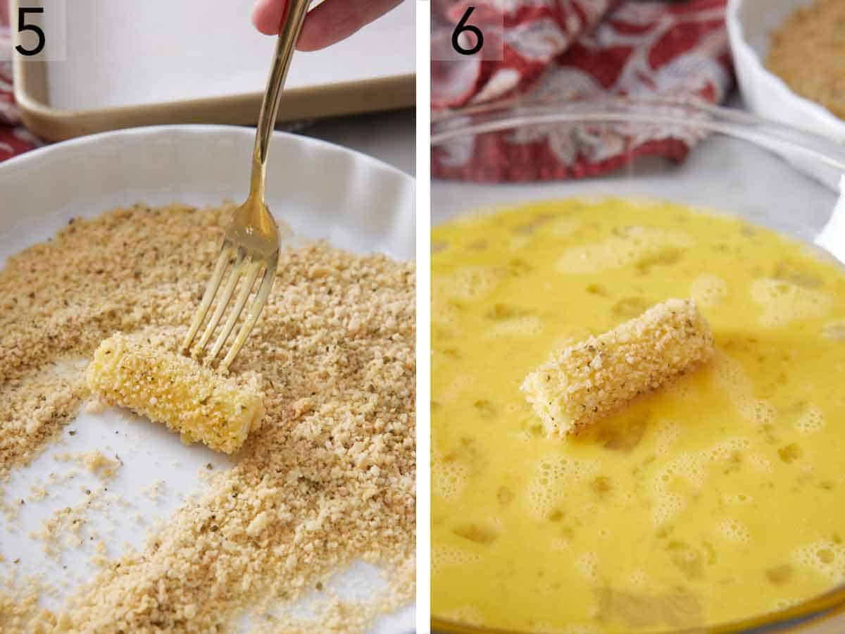 Set of two photos showing cheese rolled in breadcrumbs and egg wash.