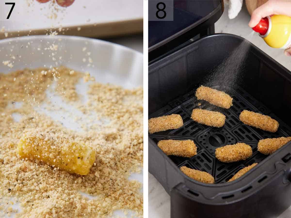 Set of two photos showing more breadcrumbs sprinkled over the cheese stick then sprayed with oil in an air fryer basket