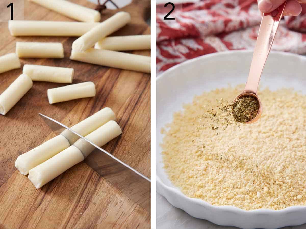 Set of two photos showing cheese cut in half and seasoning added to panko breadcrumbs.