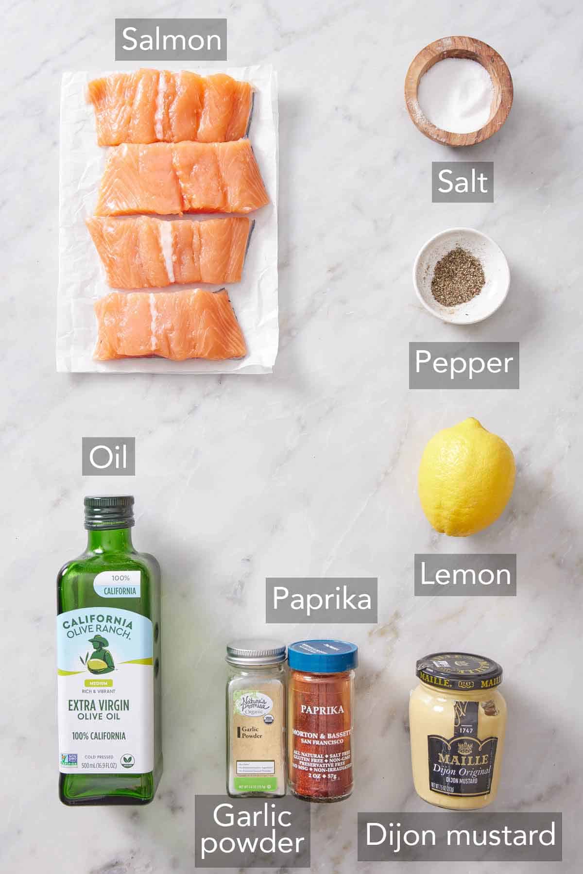 Ingredients needed to make air fryer salmon.