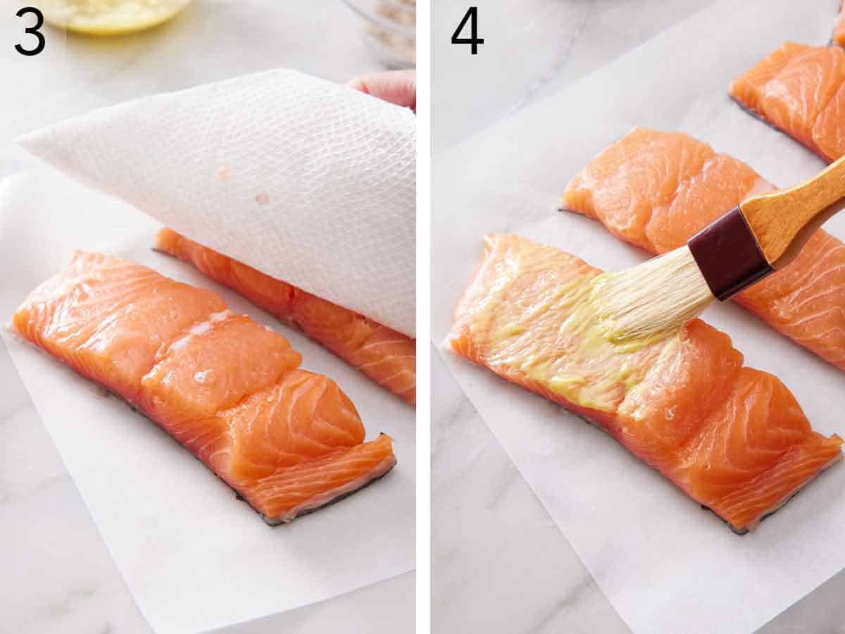Set of two photos showing salmon pat dry and brushed with the mustard mixture.