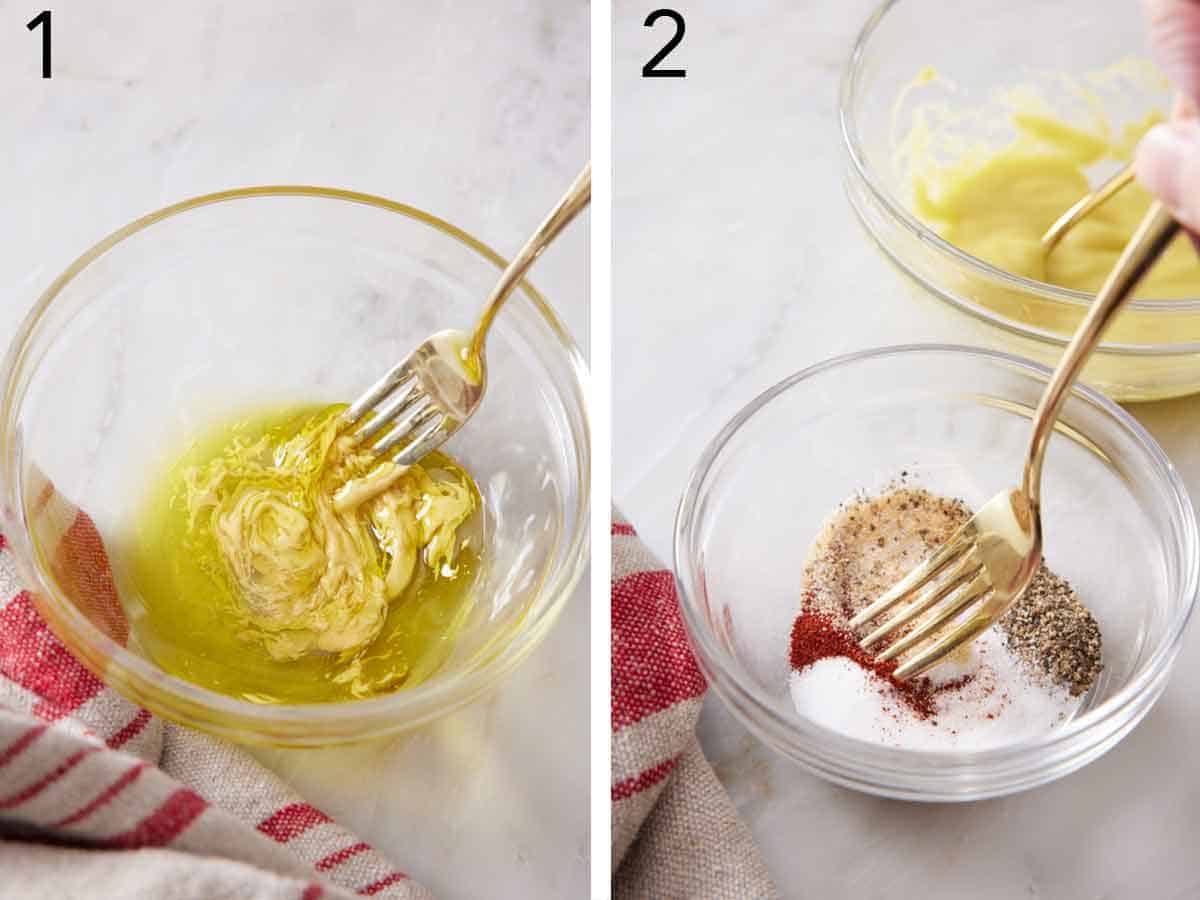 Set of two photos showing mustard and oil mixed together and seasoning mixed in another bowl.