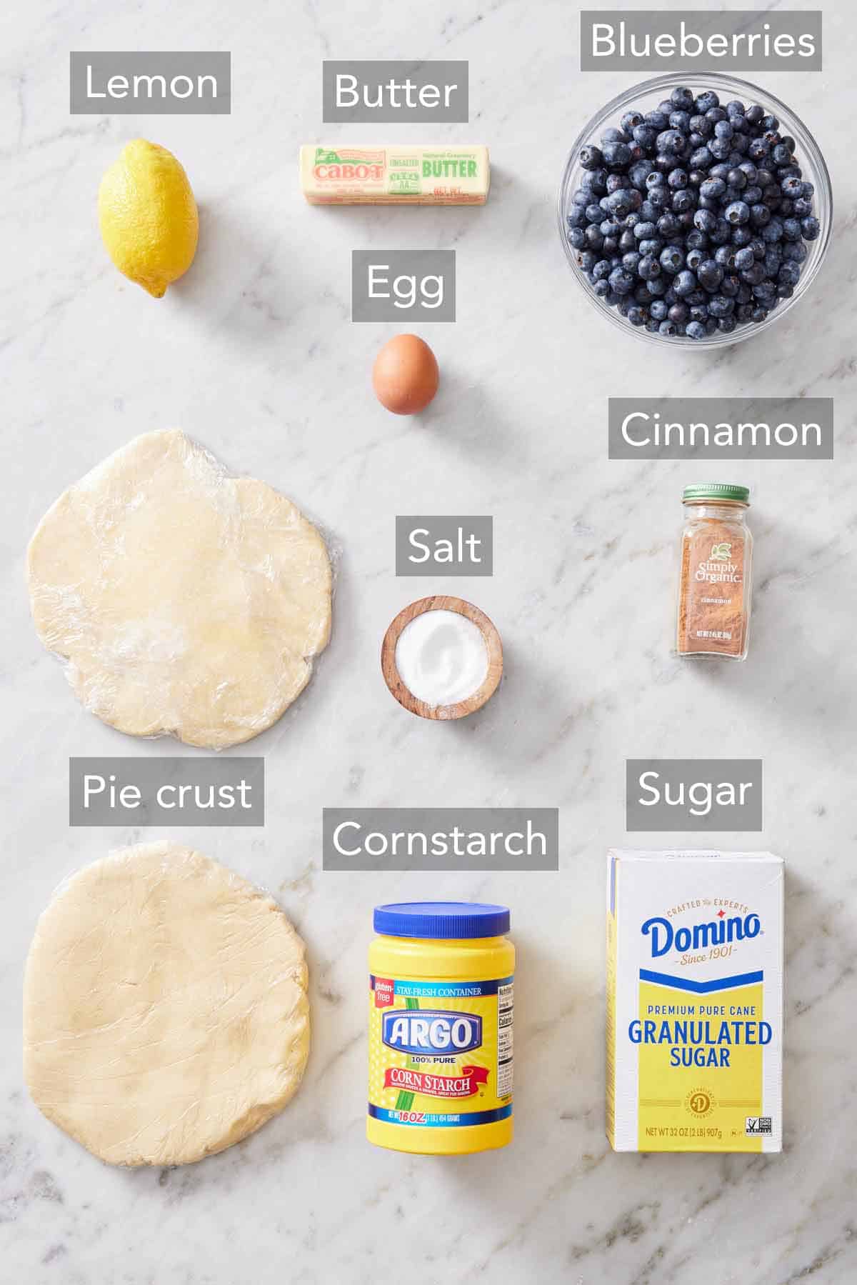 Ingredients needed to make blueberry pie.