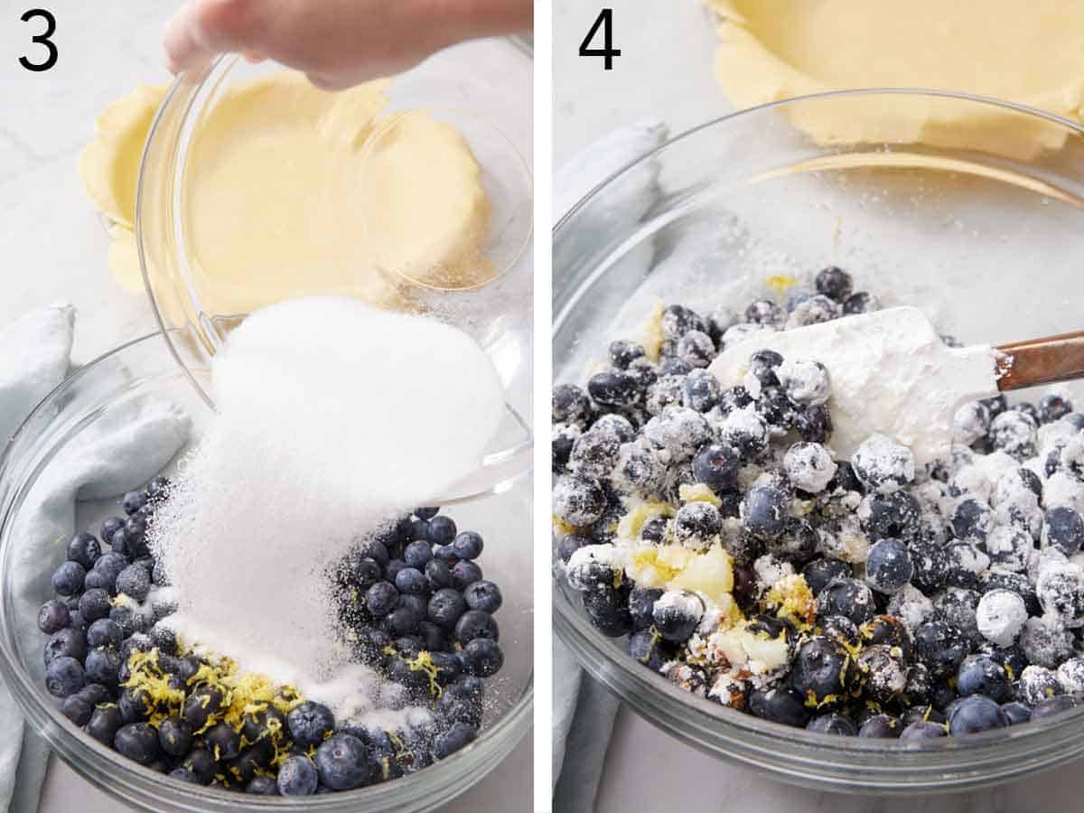 Set of two photos showing sugar and cornstarch added to the bowl of berries and mixed.