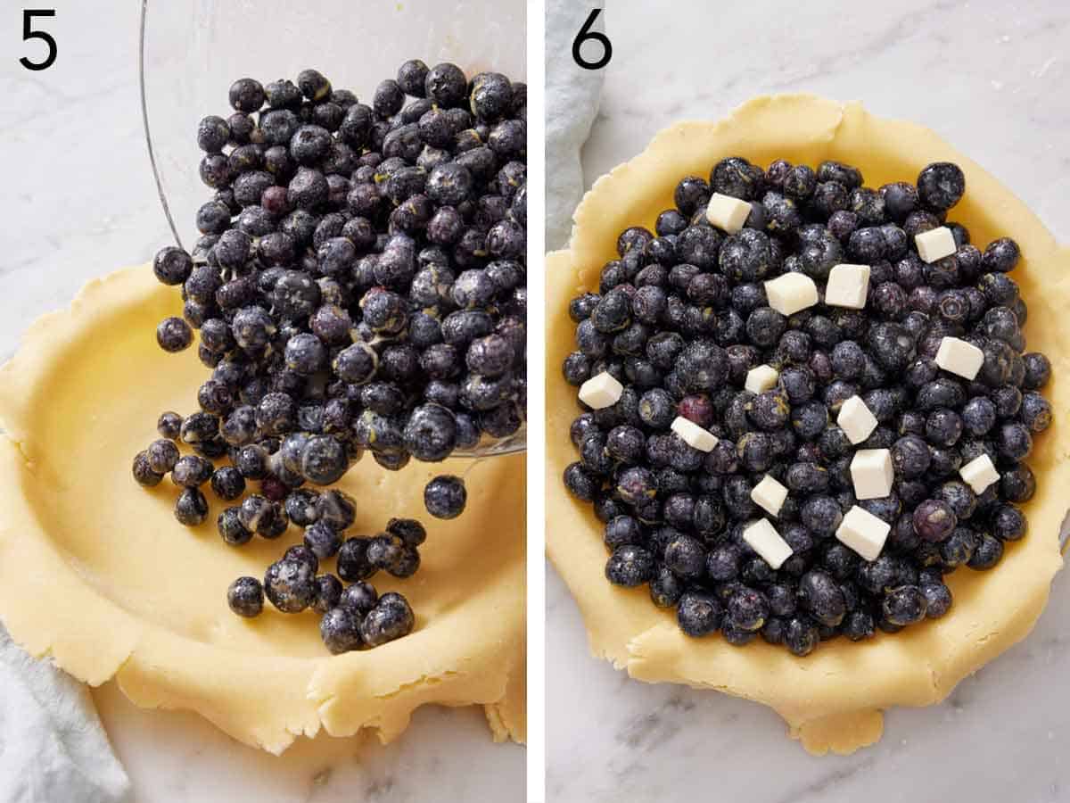 Set of two photos showing blueberries poured into a pie crust and butter cubes added on top.