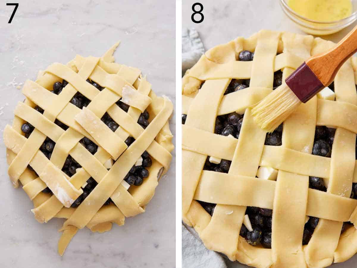Set of two photos showing pie crust placed on the pie and an egg wash brushed on top.