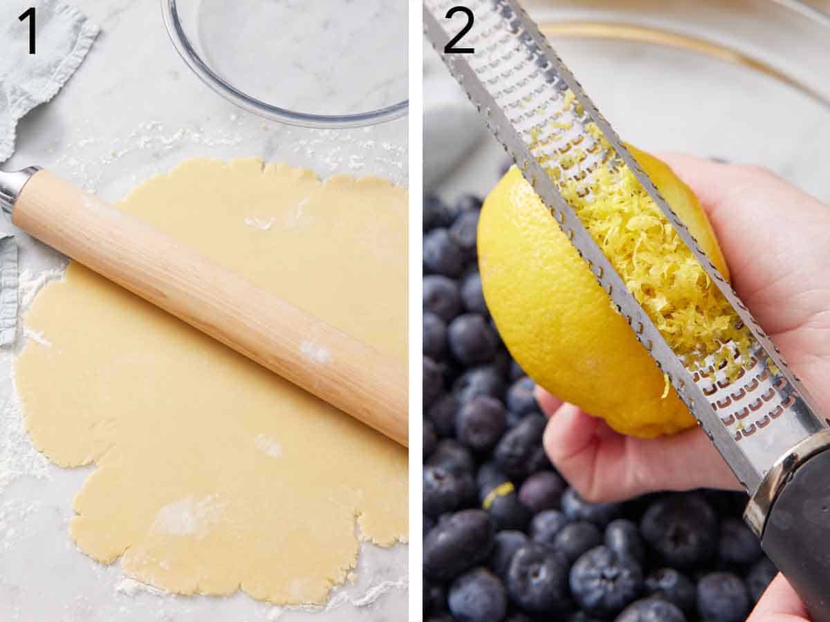 Set of two photos showing dough rolled and lemon zested.