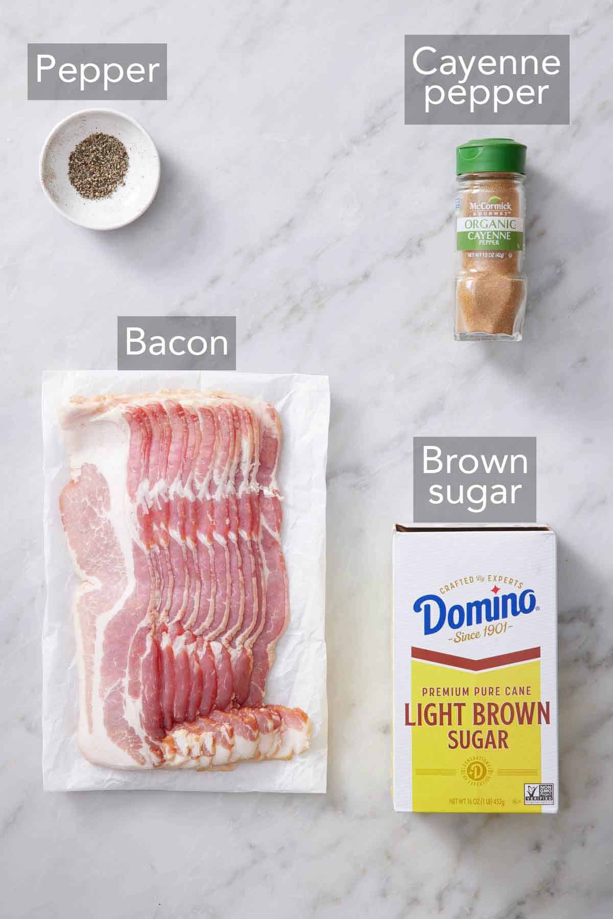Ingredients needed to make candied bacon.