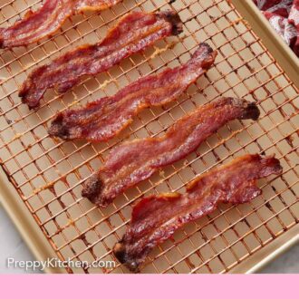 Pinterest graphic of candied bacon on a wire rack over a sheet pan.