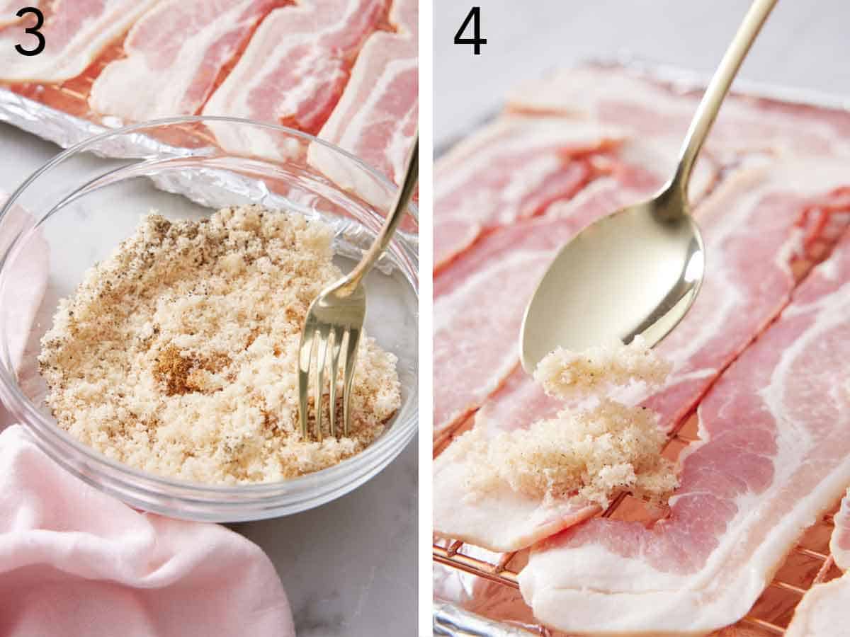 Set of two photos showing sugar mixture mixed together and spooned over bacon.