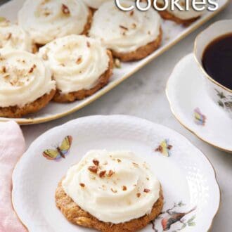Pinterest graphic of a plate with a carrot cake cookie with a platter in the background with more cookies along with a cup of coffee.