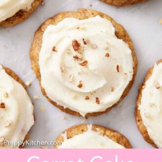 Pinterest graphic of an overhead view of carrot cake cookies topped with chopped pecans.