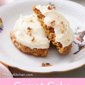 Pinterest graphic of a plate with a carrot cake cookie broken in half.