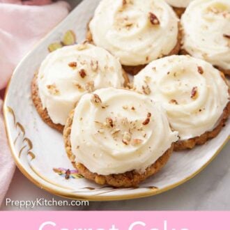 Pinterest graphic of a platter of carrot cake cookies with chopped pecans on top and a bowl of pecans in the background.