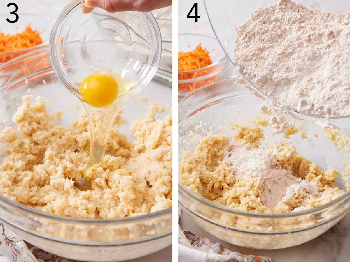 Set of two photos showing egg added to the bowl of creamed butter and dry ingredients added.