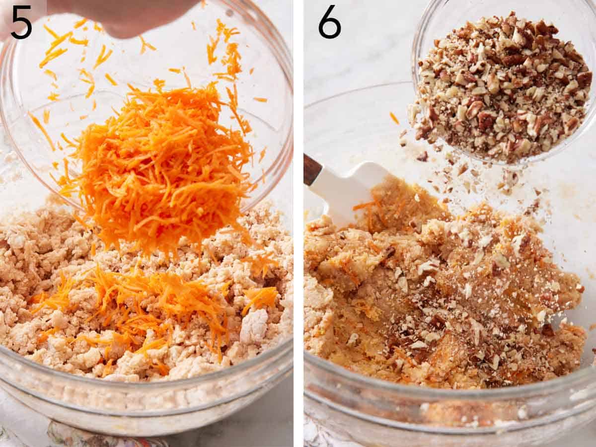 Set of two photos showing shredded carrots and chopped pecans added to the bowl.