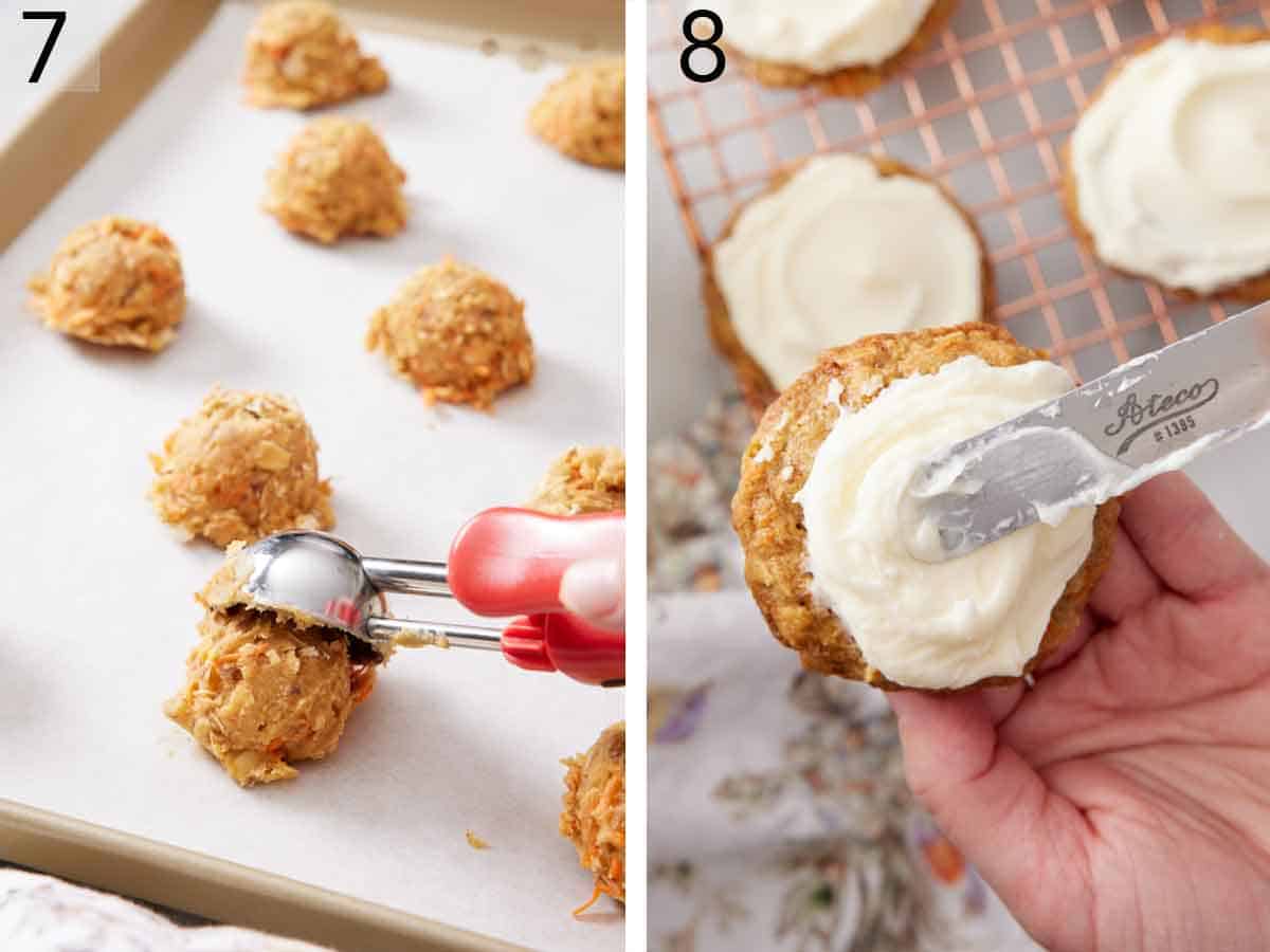 Set of two photos showing batter scooped onto a lined sheet pan and cookies frosted.