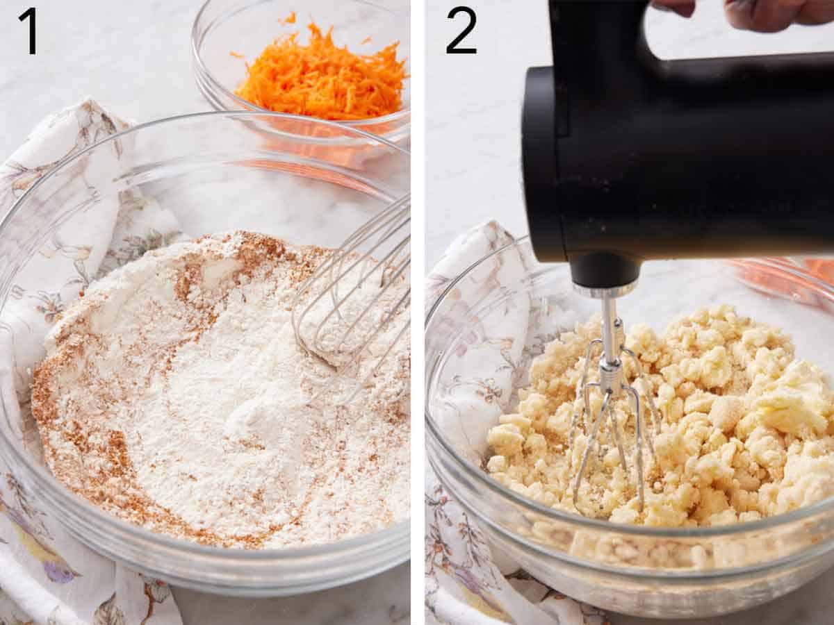 Set of two photos showing dry ingredients whisked together and bowl of butter mixed with sugar.