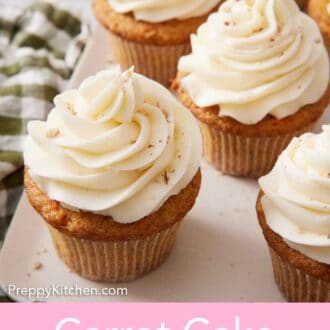 Pinterest graphic of carrot cake cupcakes on a square platter with a checkered napkin beside them.