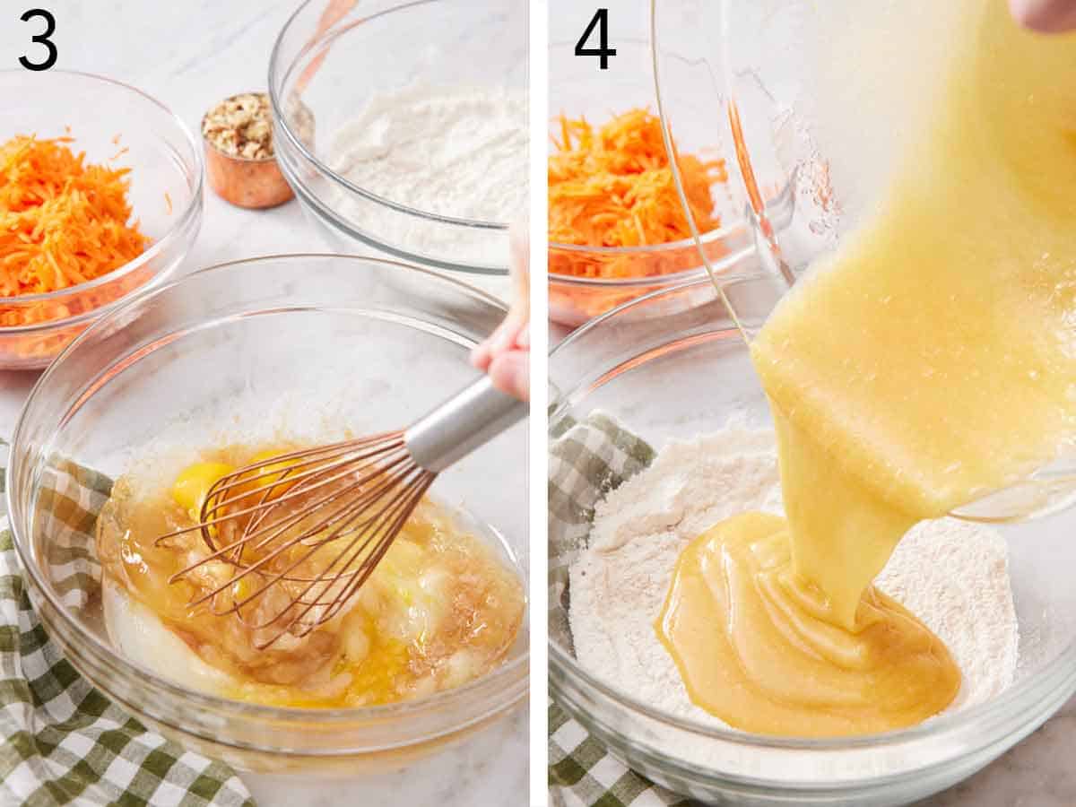 Set of two photos showing wet ingredients whisked and added to the bowl of dry ingredients.
