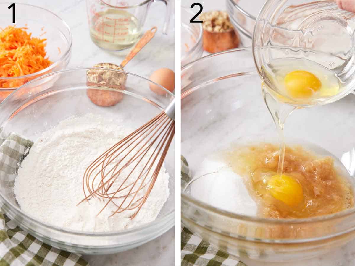 Set of two photos showing dry ingredients whisked together and eggs added to a bowl of sugar.