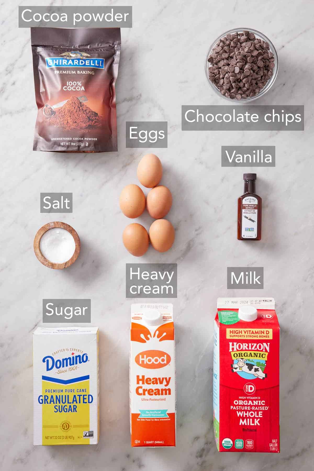 Ingredients needed to make chocolate ice cream.