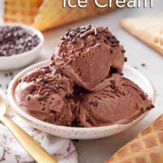 Pinterest graphic of three scoops of chocolate ice cream topped with chocolate sprinkles in a plate. Waffle cones scattered around and a bowl of sprinkles in the back.