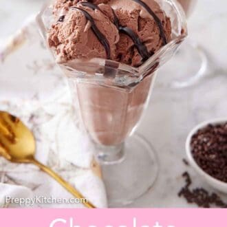 Pinterest graphic of milkshake glass with chocolate ice cream topped with chocolate drizzle.