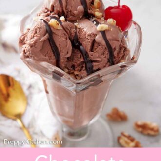 Pinterest graphic of a glass with chocolate ice cream topped with a cherry, chocolate drizzle, and crushed nuts.