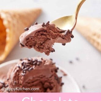 Pinterest graphic of a spoonful of chocolate ice cream lifted from a bowl with chocolate sprinkles on top.