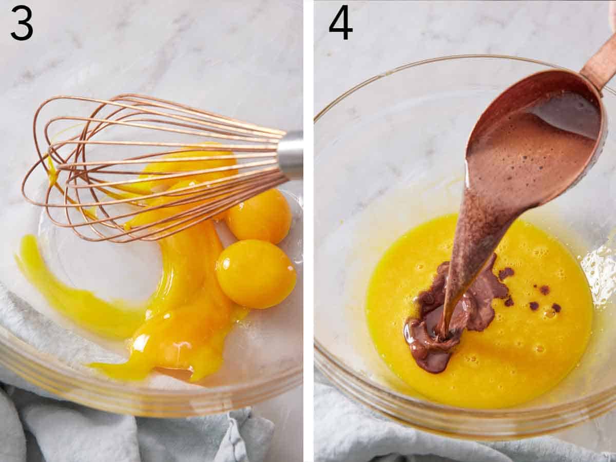 Set of two photos showing egg yolks whisked and chocolate mixture scooped in.