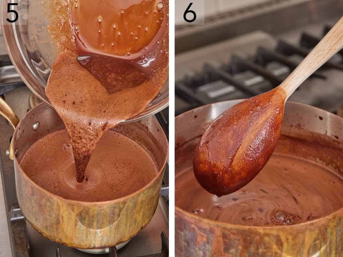 Set of two photos showing mixture added to a pot and the mixture shown coating a wooden spoon.