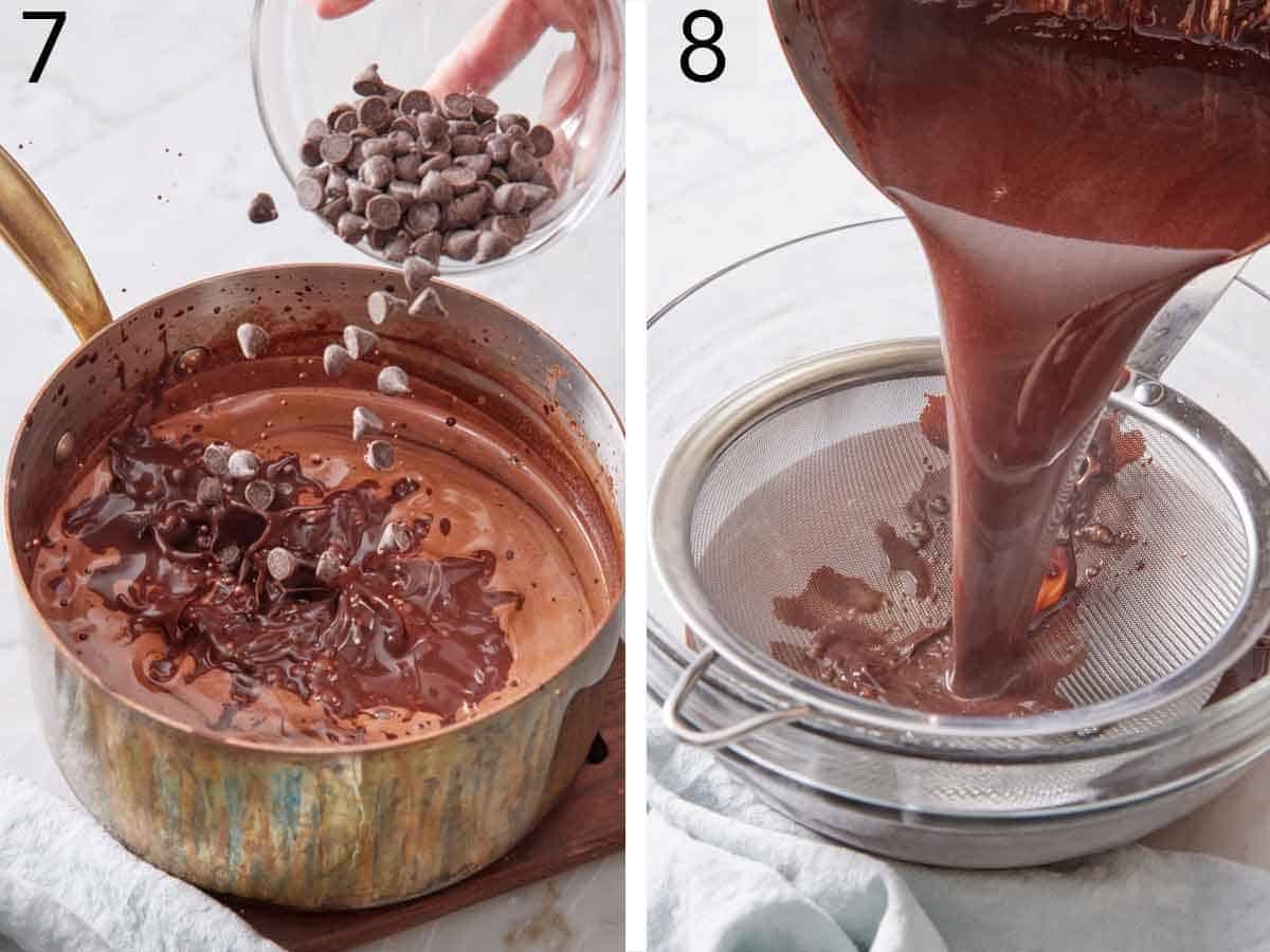 Set of two photos showing chocolate chips added to the pot and strained through a sieve.