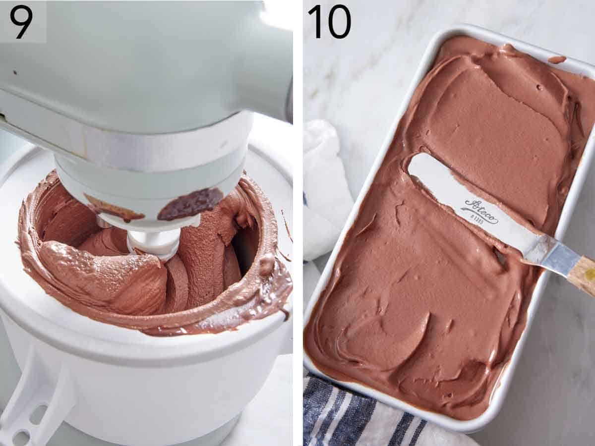 Set of two photos showing mixture churned in an ice cream maker then spread in a rectangular dish.