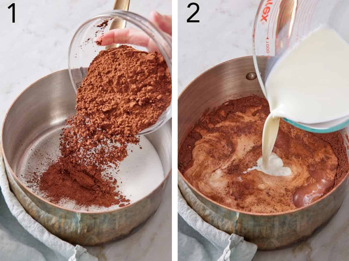 Set of two photos showing cocoa powder and sugar added to a pot then heavy cream poured in.