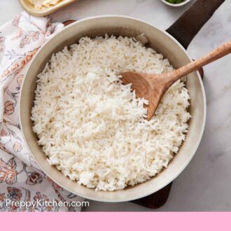Pinterest graphic of a pot of coconut rice with a spoon. A sheet pan of toasted coconut and bowl of green onions beside it.