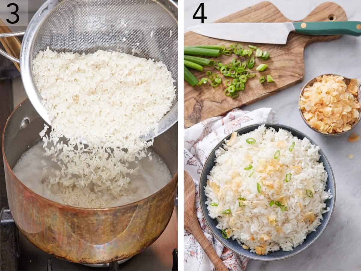 Set of two photos showing rice added to the top then cooked and plated with garnish.