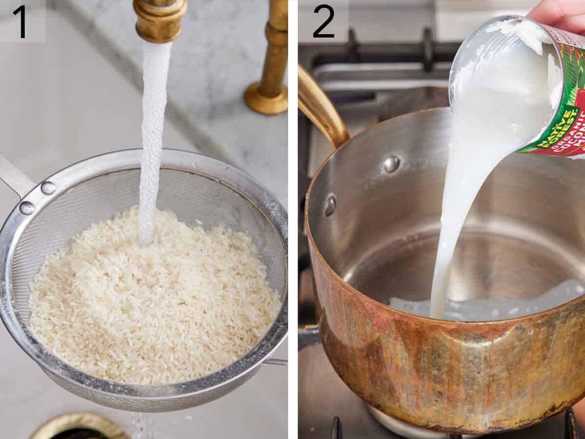 Set of two photos showing rice rinsed with water and coconut milk added to a saucepan.