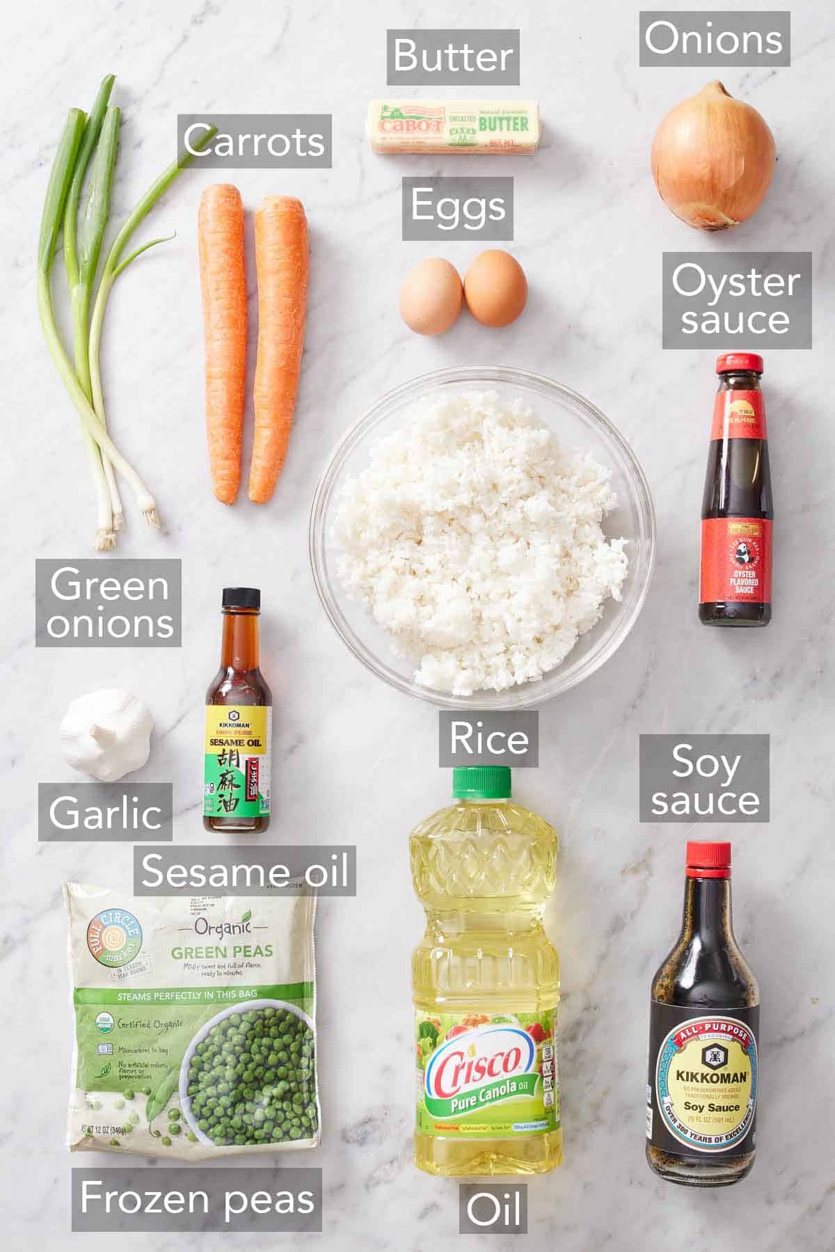 Ingredients needed to make fried rice.