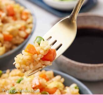 Pinterest graphic of a fork lifting up fried rice from a bowl.