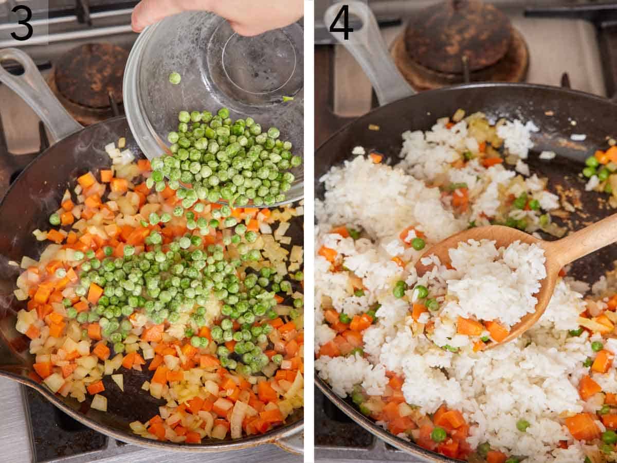 Set of two photos showing frozen peas and rice added to the skillet of onions and carrots.