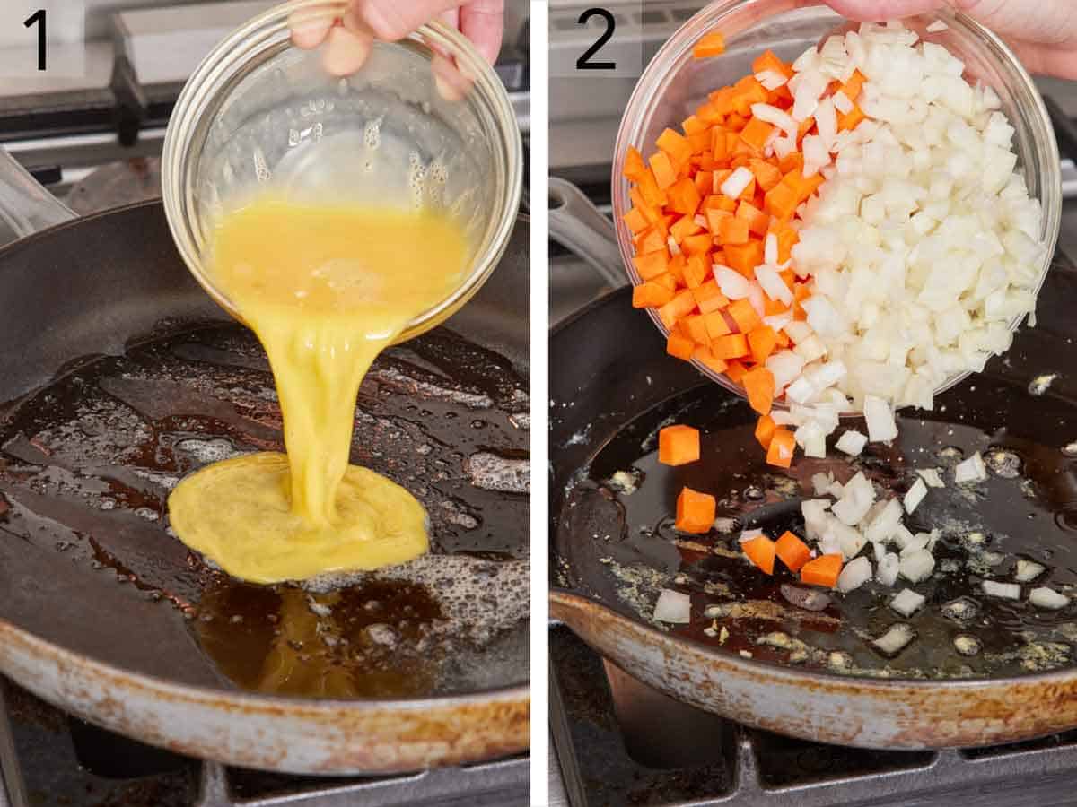 Set of two photos showing whisked eggs added to a skillet then cleared and carrots and onions added.