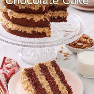 Pinterest graphic of a slice of German chocolate cake on a plate in front of a cake stand with the rest of the cake.